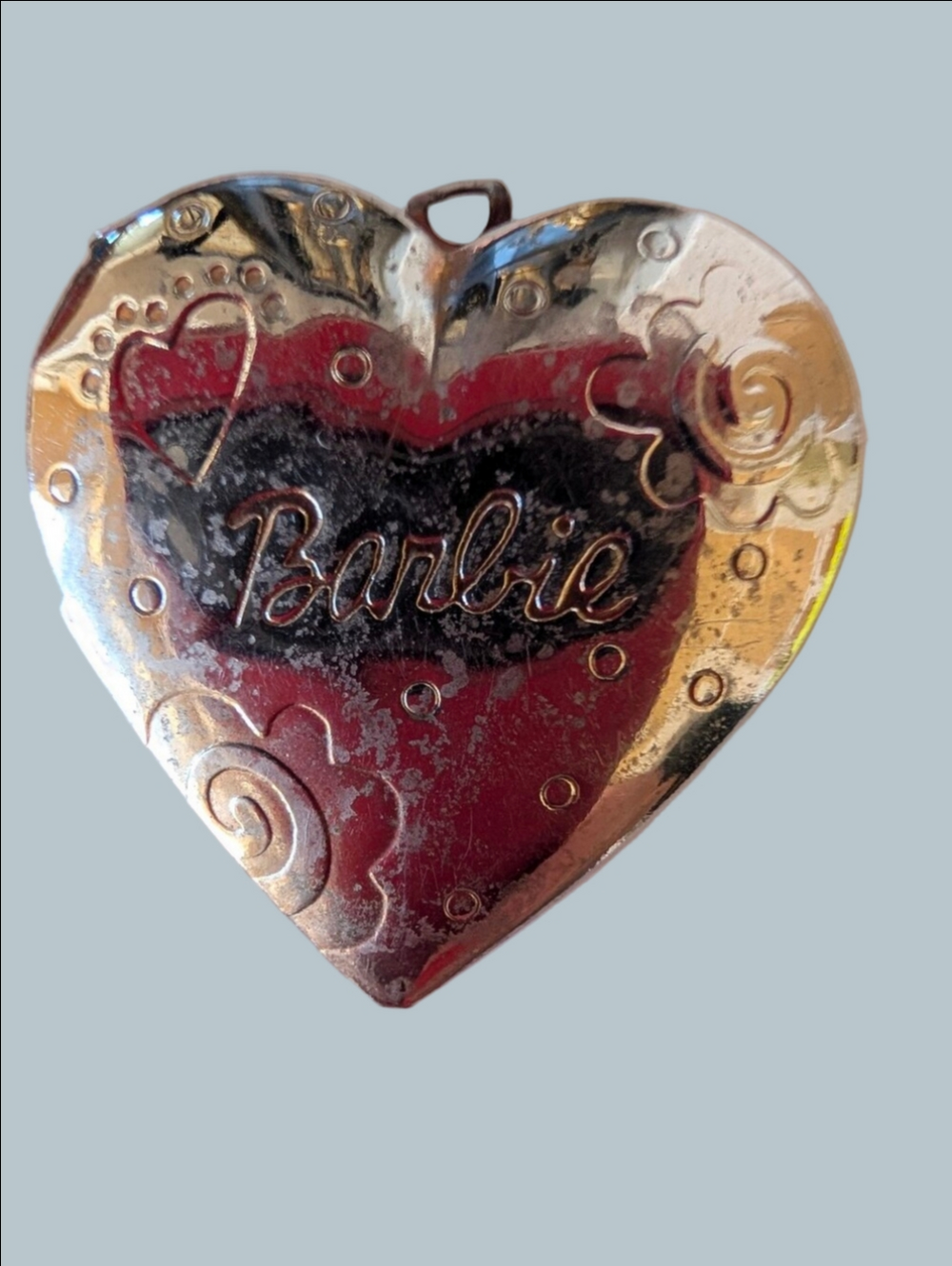 Vintage Locket Charm Heart Shaped Engraved With Barbie On The Front Silverplate